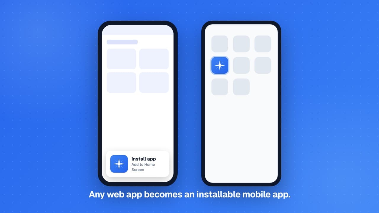 A web app showing an Install app prompt next to a phone home screen with the app icon installed